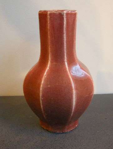 Vase porcelain octogonal shape enamelled copper red